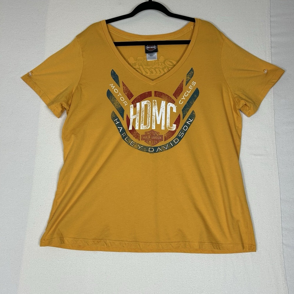 Harley Davidson Shirt Women's 1X Mustard Yellow Graceland Memphis TN Gently Used